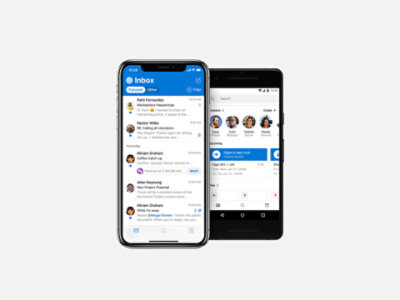 An iPhone and an Android phone displaying Windows Outlook on the screen.