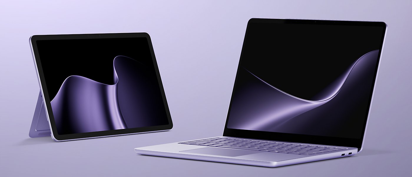 A Surface Laptop for Business, 13-inch (2nd Edition) and Surface Pro for Business, 12-inch (2nd Edition), both in the color Violet.