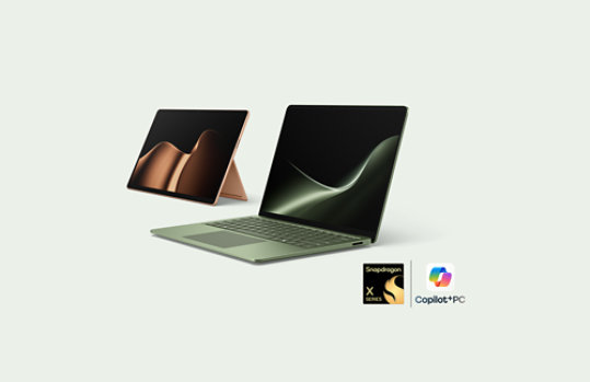La dernière édition des PC Surface : un Surface Laptop jade et un Surface Pro dune.