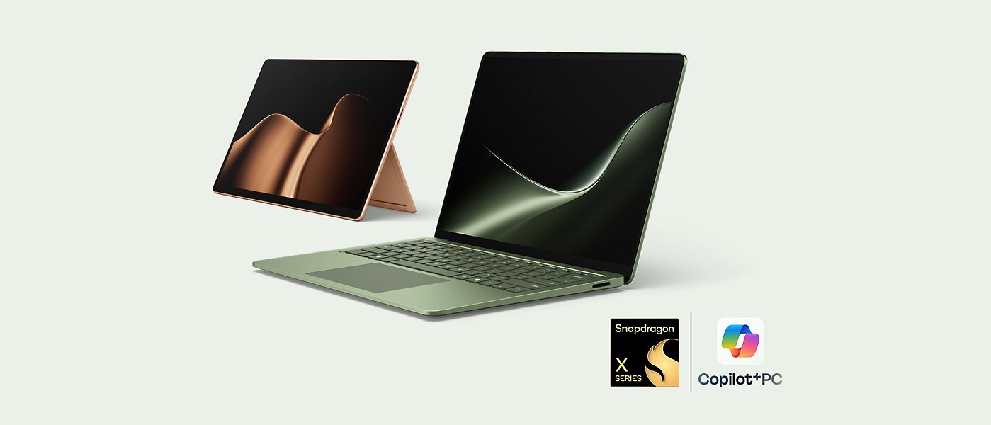 La dernière édition de PC Surface—un Surface Laptop de couleur Jade et un Surface Pro de couleur Dune.