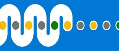 藍色背景上有彩色圓圈的白色正弦波浪抽象圖形。