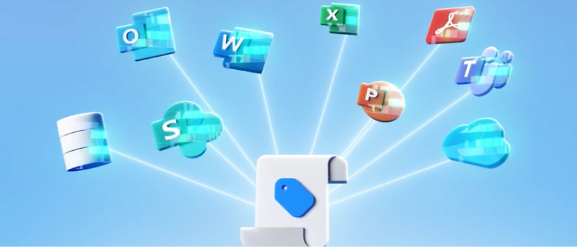Pictogrammen van Microsoft Office-toepassingen zoals Word, Excel en Teams die rond een centraal 3D-model draaien 