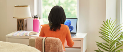 A person sitting at a desk looking at a computer