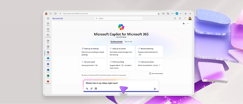  Microsoft Copilot voor Microsoft 365-webpagina met functies en een tekstprompt op een lichtpaarse achtergrond.