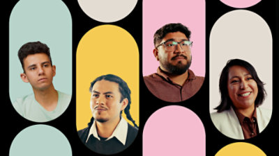 Four Mexican entrepreneurs pose together for a group portrait, highlighting young innovators applying AI skills to create solutions for their communities.
