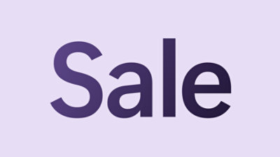 Schriftzug "Sale" auf violettem Hintergrund.