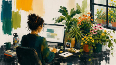 Painted Illustration of home office scene showing a person seated at a desk working on a computer beside a window