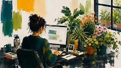 Painted Illustration of home office scene showing a person seated at a desk working on a computer beside a window