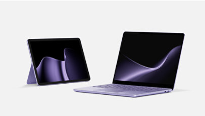 A Surface Laptop, 13-inch (2nd Edition) and a Surface Pro, 12-inch (2nd Edition), both in the color Violet. 