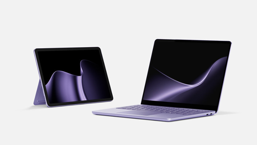 A Surface Laptop, 13-inch (2nd Edition) and a Surface Pro, 12-inch (2nd Edition), both in the color Violet. 
