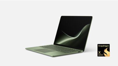 A Surface Laptop 13.8inch 8ed in the color Jade with a Snapdragon badge.