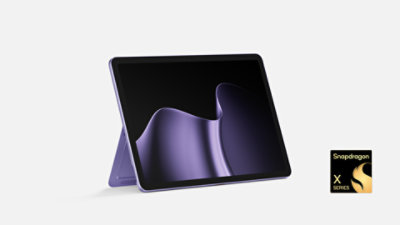 Violet Surface Pro 12-inch with kickstand, front-left view, Snapdragon X Series. 