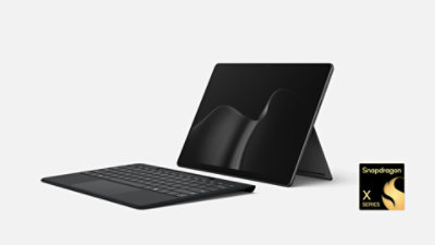 A Surface Pro 13-inch 12ed with Keyboard in the color Black with a Snapdragon badge. 
