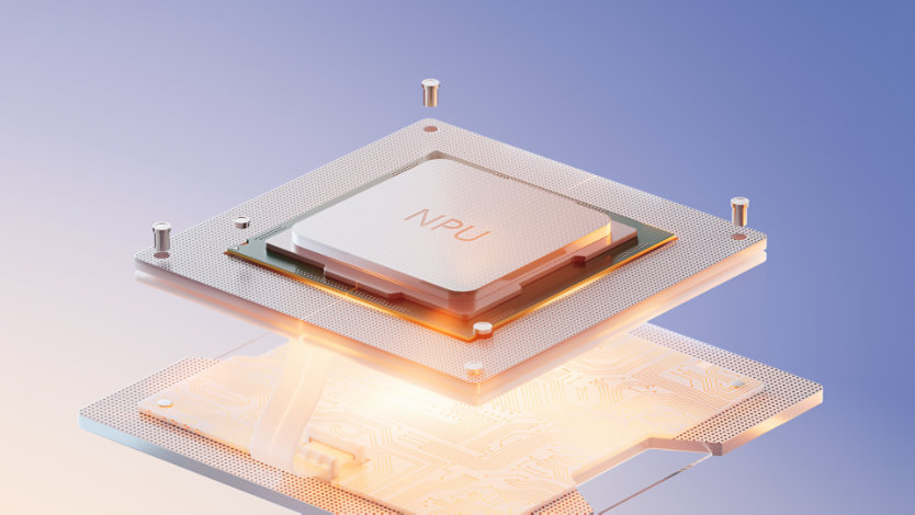 An AI processor chip floating above layered circuit boards with warm glowing light.