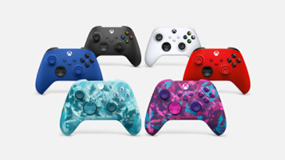 Image of six XBOX wireless controllers, four standard colours and two special editions.