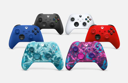 Image of six XBOX wireless controllers, four standard colours and two special editions.