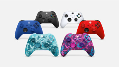 Image of six XBOX wireless controllers, four standard colours and two special editions.
