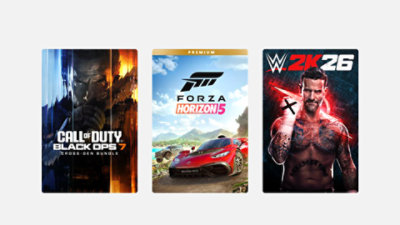 Spielgrafiken für „Call of Duty: Black Ops 7 – Cross Gen“, „Forza Horizon 5 Premium“ und „WWE 2K26 Standard Edition“.