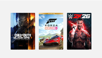 Game artwork for Call of Duty Black Ops 7 – Cross Gen, Forza Horizon 5 Premium, and WWE 2K26 Standard Edition.