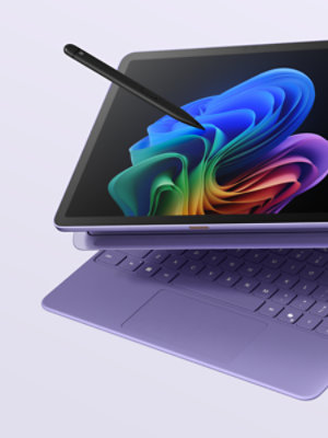 A violet, 12-inch Surface Pro, Copilot+ PC, with a violet keyboard and a Slim Pen.