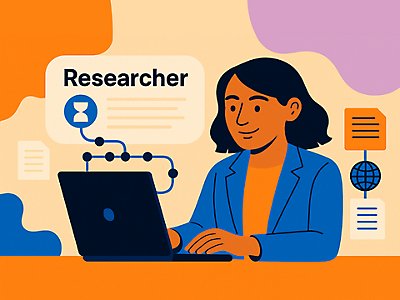 Illustration of a person using a laptop, symbolizing AI-assisted research in Microsoft 365 Copilot.