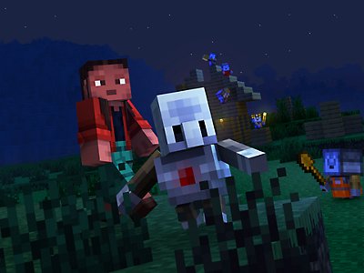 Two Minecraft characters run through a village at night