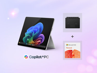 A 13-inch Surface Pro Copilot+ PC bundled with a black Keyboard with a slim pen, and Microsoft 365. 