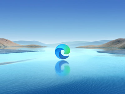 Een landschap met het Microsoft Edge-logo zwevend boven het water