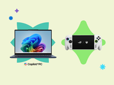 Ein Surface Laptop mit Copilot+ PC und einen Xbox Ally.