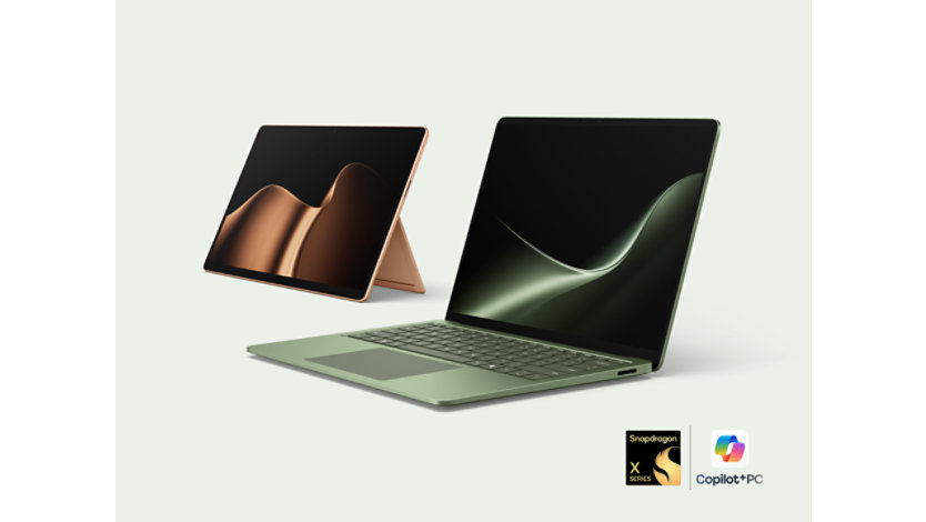 The latest edition Surface PCs—a Surface Laptop in the color Jade and a Surface Pro in the color Dune. 