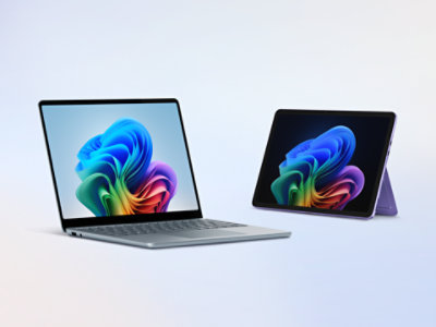 PC Surface Copilot+ : un Surface Laptop Ocean de 13,8 pouces et une Surface Pro Violet de 12 pouces.