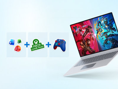 A surface laptop displaying gaming graphics on the screen, with three tiles showing icons for Microsoft 365 applications, XBOX Game Pass, and an XBOX controller.