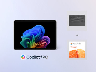 A 12-inch Surface Pro, Copilot+ PC, bundled with a slate keyboard and Microsoft 365.  