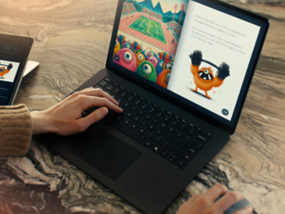 A person reading a colorful digital children’s book on a Surface Laptop. 
