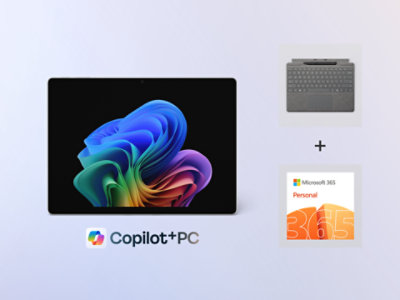 A 13-inch platinum Surface Pro, Copilot+ PC, bundled with a Slim Pen 2, a Pro Signature Keyboard, and Microsoft 365.