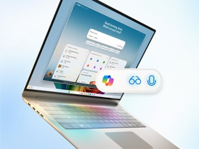 A Windows 11 laptop showcasing Copilot UI functionality.