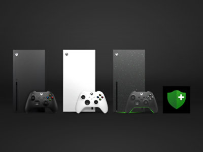 A black Xbox Series X, a white Xbox Series X, and an Xbox Series X Galaxy Edition.