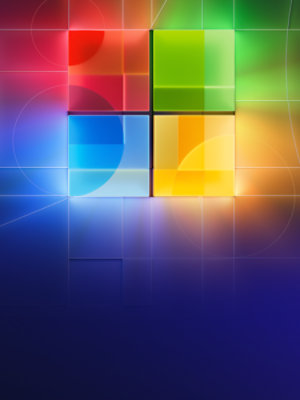 The Microsoft logo glows like stained glass. 