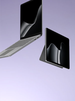 A floating Surface Laptop for Business, 13-inch (2nd Edition) | Snapdragon and Surface Pro for Business, 12-inch (2nd Edition) | Snapdragon, both in the color Platinum.