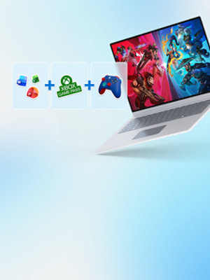 A surface laptop displaying gaming graphics on the screen, with three tiles showing icons for Microsoft 365 applications, Xbox Game Pass, and an Xbox controller.