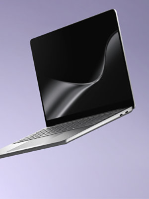 A floating Surface Laptop, 13-inch (2nd Edition) in the color Violet. A floating Surface Laptop for Business, 13-inch (2nd Edition) | Snapdragon in the color Platinum.