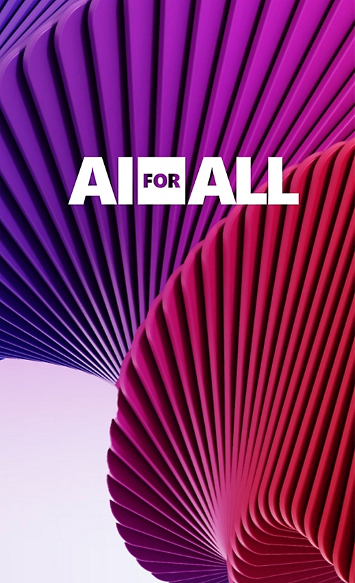 Logo « AI for all » (IA pour tous) avec des tourbillons violets et roses.