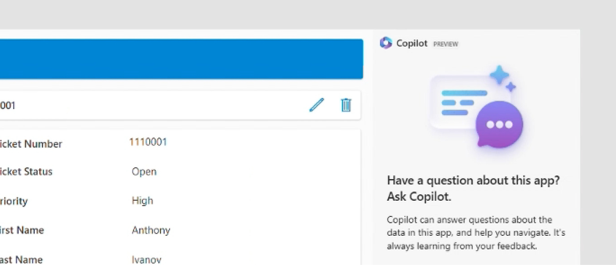 A screen shot of Copilot in Power Apps, with the user being prompted to ask Copilot questions about the app