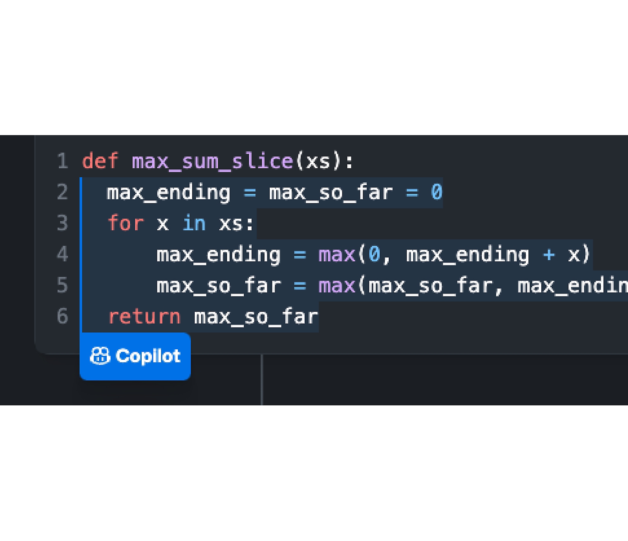 Uma captura de ecrã de um bloco de código com um botão do Copilot sobreposto