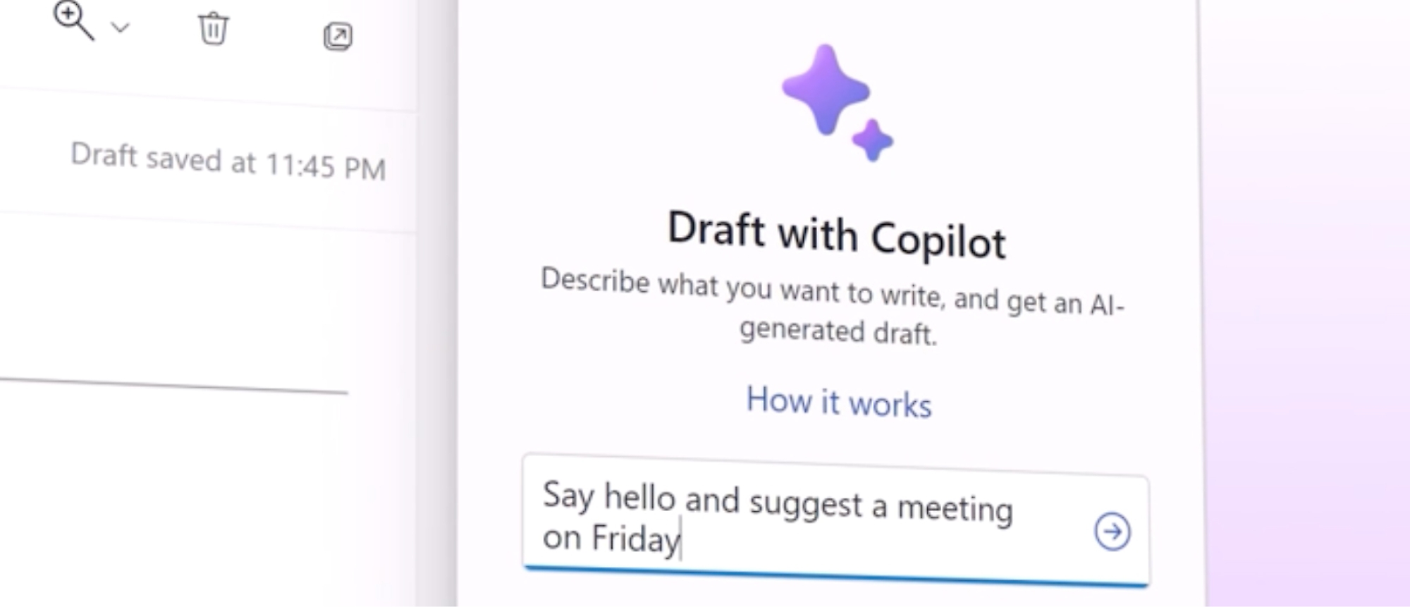 A screen showing Sales Copilot, and with a dialog box with the heading of "Draft with Copilot". The dialog box is receiving input from the user as to what the user wants Sales Copilot to draft