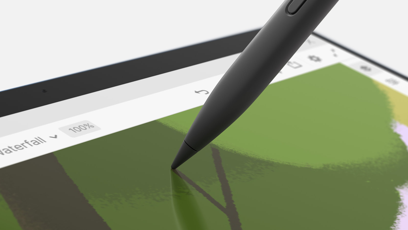 A Surface Slim Pen draws on the touchscreen of a Surface device.