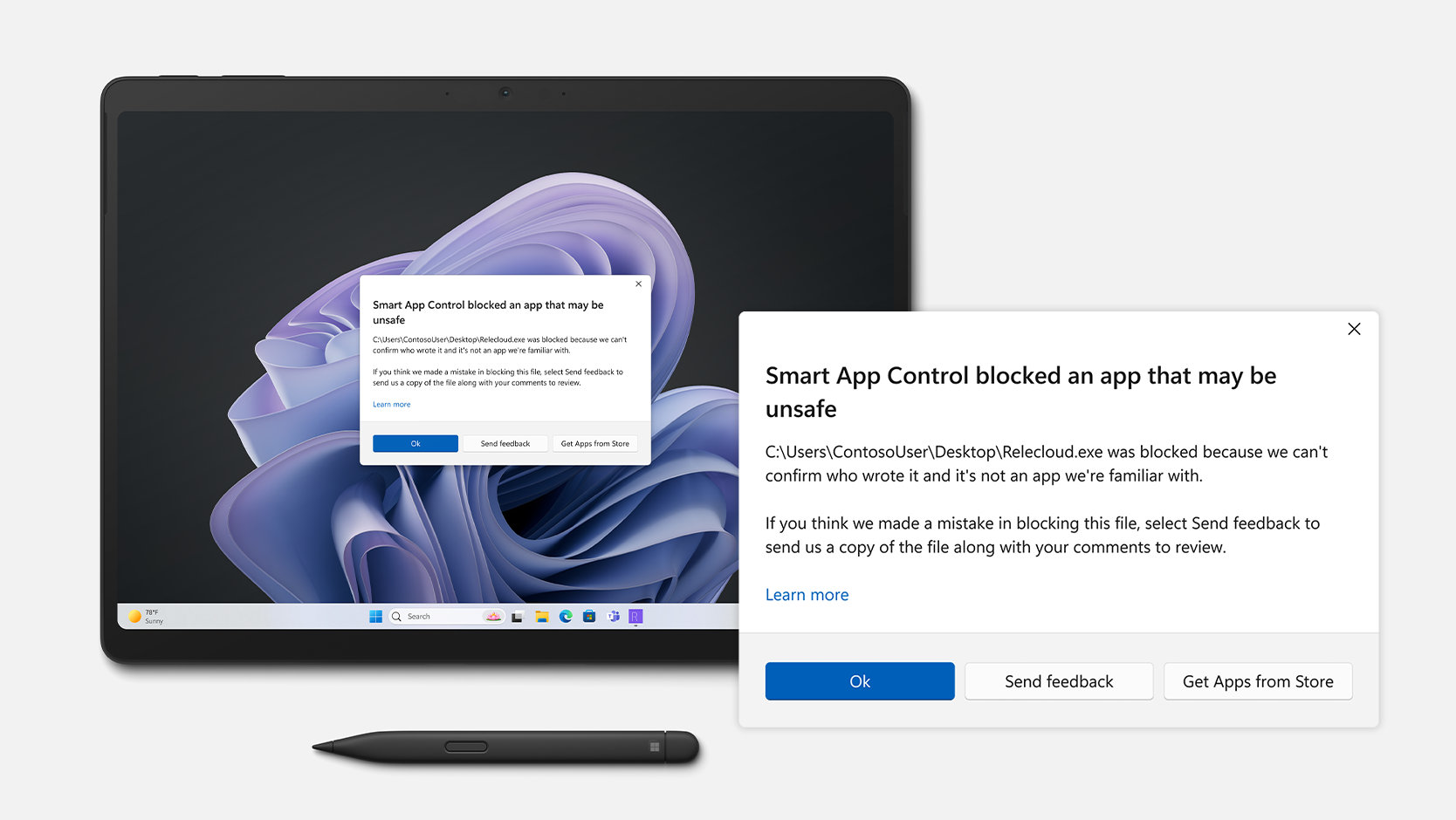 Smart App Control が安全ではないアプリをブロックする様子を表示する 法人向け Surface Pro 10。