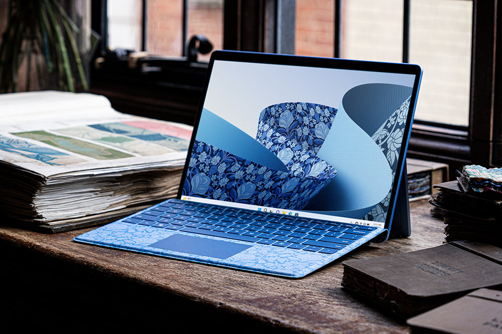 A Surface Pro Liberty Keyboard and a Surface Pro 9.