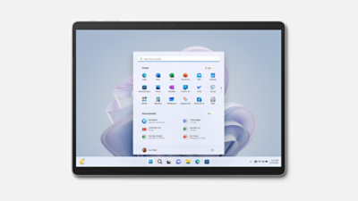 Surface Pro 9 shown straight on with Windows 11 start screen.