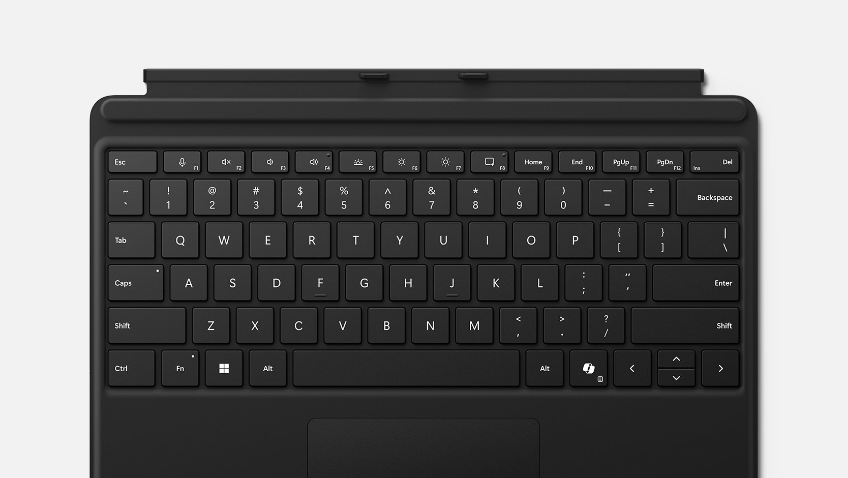 Een bovenaanzicht van een Surface Pro-toetsenbord voor zakelijk gebruik in de kleur Zwart. 